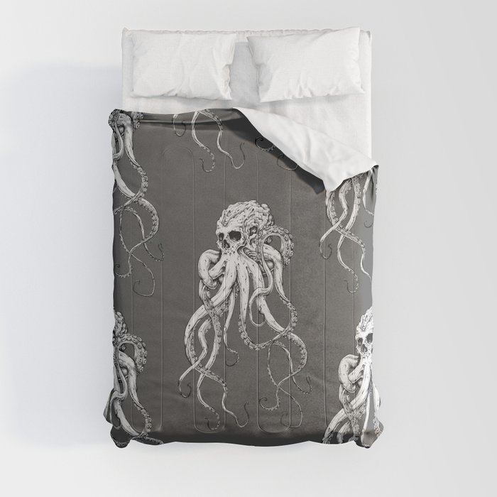 Octoskull Octopus Skull Black and White Ink Illustration Drawing Tattoo Art Comforter by AKAubs Art