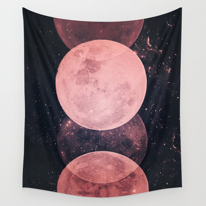 Pink Moon Phases On Black Wall Tapestry by cafelab
