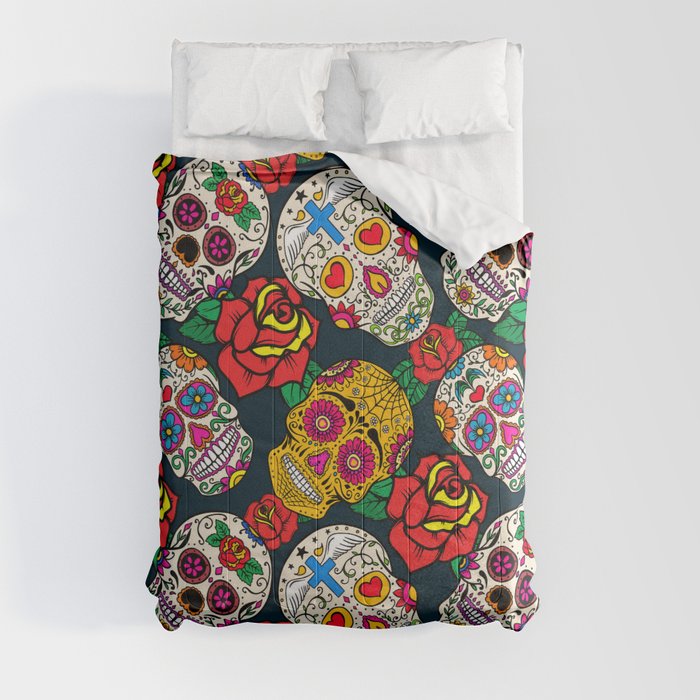 Mexican Sugar Skulls And Roses Illustration Drawing Pattern White Red Green Pink Blue Art Comforter by Jennifer