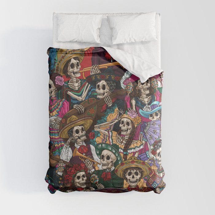 Dia De los Muertos Cool Colorful Skull Skeleton Mexican Illustration Pattern Drawing Yellow Green Pink Black Red Blue Purple White Art Comforter by Ircadelik