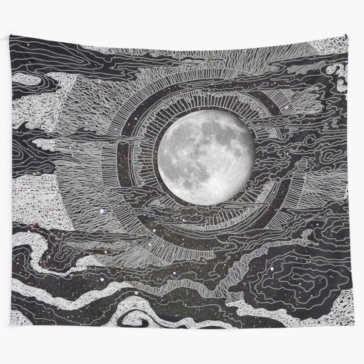 Moon Glow Black and White Line Illustration Wall Tapestry by BrendaErickson