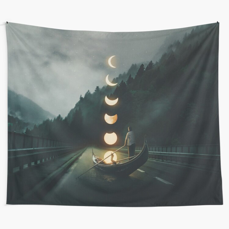 Moon Ride - Gondola Boat on the Road with Forest Background Wall Tapestry by buko