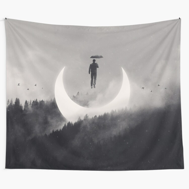 Chasing the Light - Levitating Man and the Moon Black and White Photography Wall Art Tapestry by buko