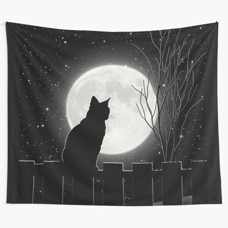 Silent night Cat looking at the full moon Black and White Illustration Wall Art Tapestry by Glimmersmith