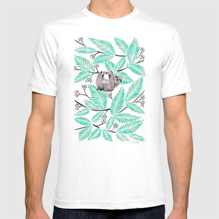 Happy Sloth – Tropical Mint Rainforest T Shirt by Cat Coquillette