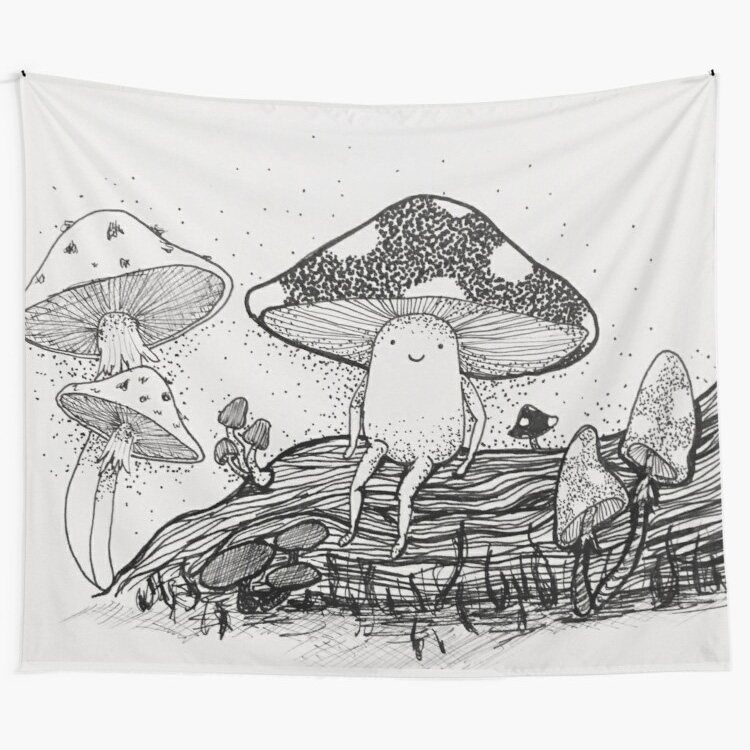 Little Mushroom Black and White Funny Cartoon Illustration Tapestry by natalieebee