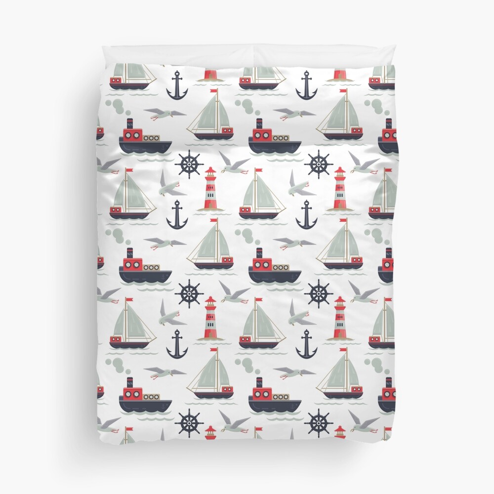 Nautical Kids Sailboat, Seagull, Anchor, Tugboat & Lighthouse Pattern Comforter by CyanSkyDesign