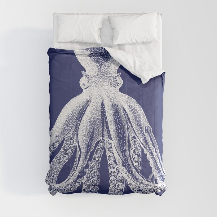 Vintage Octopus Tentacles Navy Blue and White Comforter by Eclectic at Heart